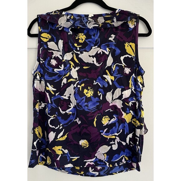 ST. JOHN Blue Floral Silk Blend Ruffle Front Sleeveless Top Blouse Sz S - Picture 3 of 3